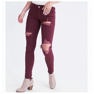 American Eagle AEO Twill Burgundy Skinny Jeggings, Size 2, Jeans Low Rise Skindi